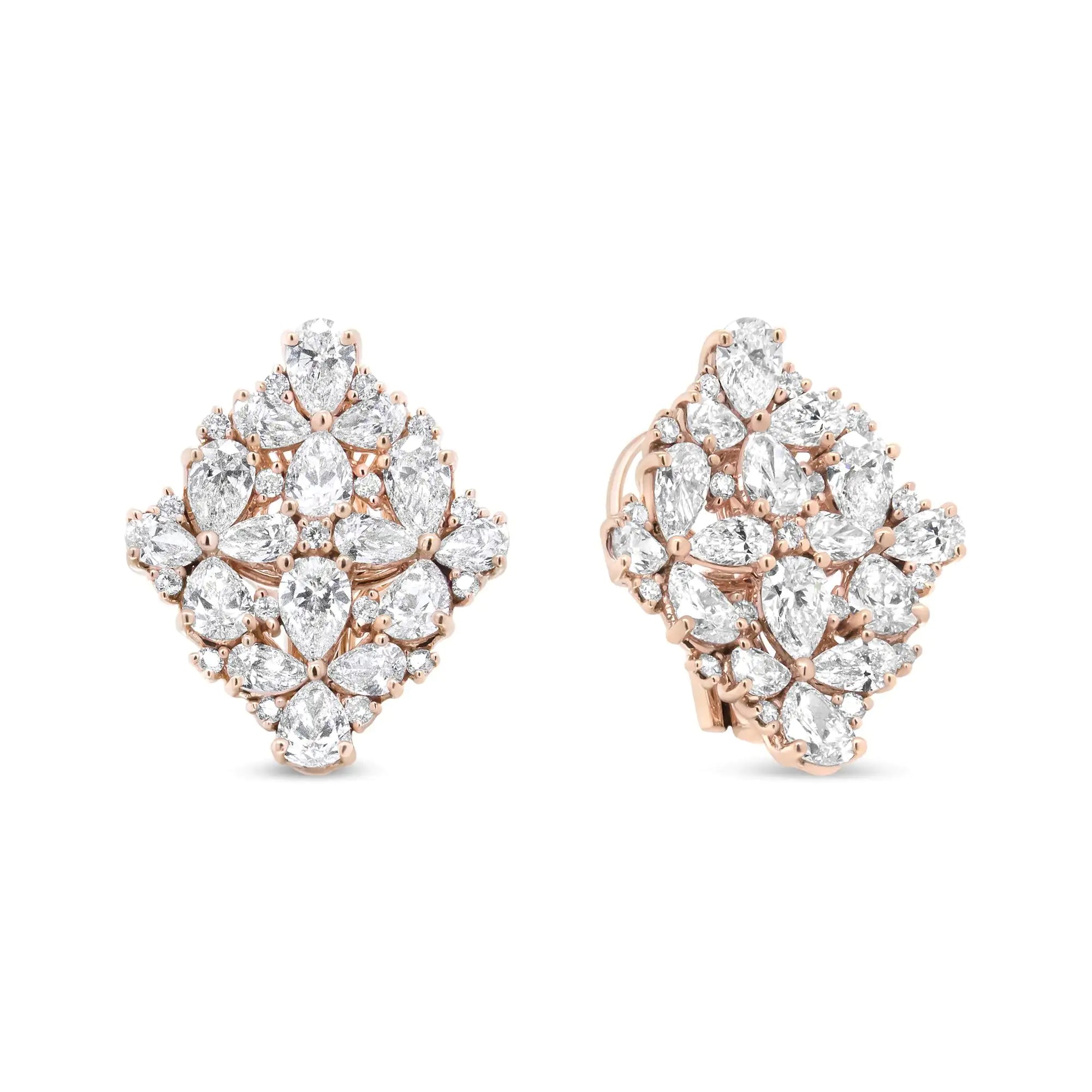 18K Rose Gold 8 1/3 Cttw Pear and Round Diamond Floral Cluster Omega Earrings (F-G Color, VS1-VS2 Clarity)