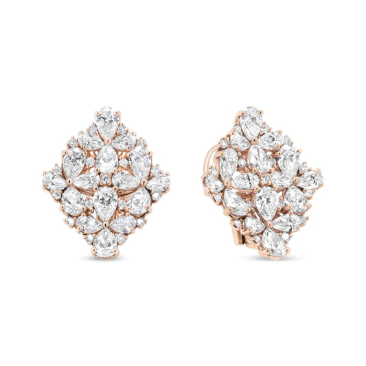 18K Rose Gold 8 1/3 Cttw Pear and Round Diamond Floral Cluster Omega Earrings (F-G Color, VS1-VS2 Clarity)