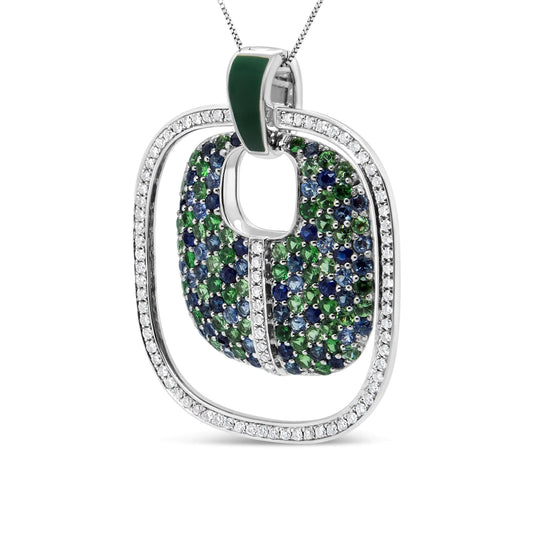 .925 Sterling Silver Green Enamel Pendant with 1/2 Cttw Diamond, Sapphire, and Tsavorite Openwork Statement 18" Pendant Necklace (F-G Color, VS1-VS2 Clarity)