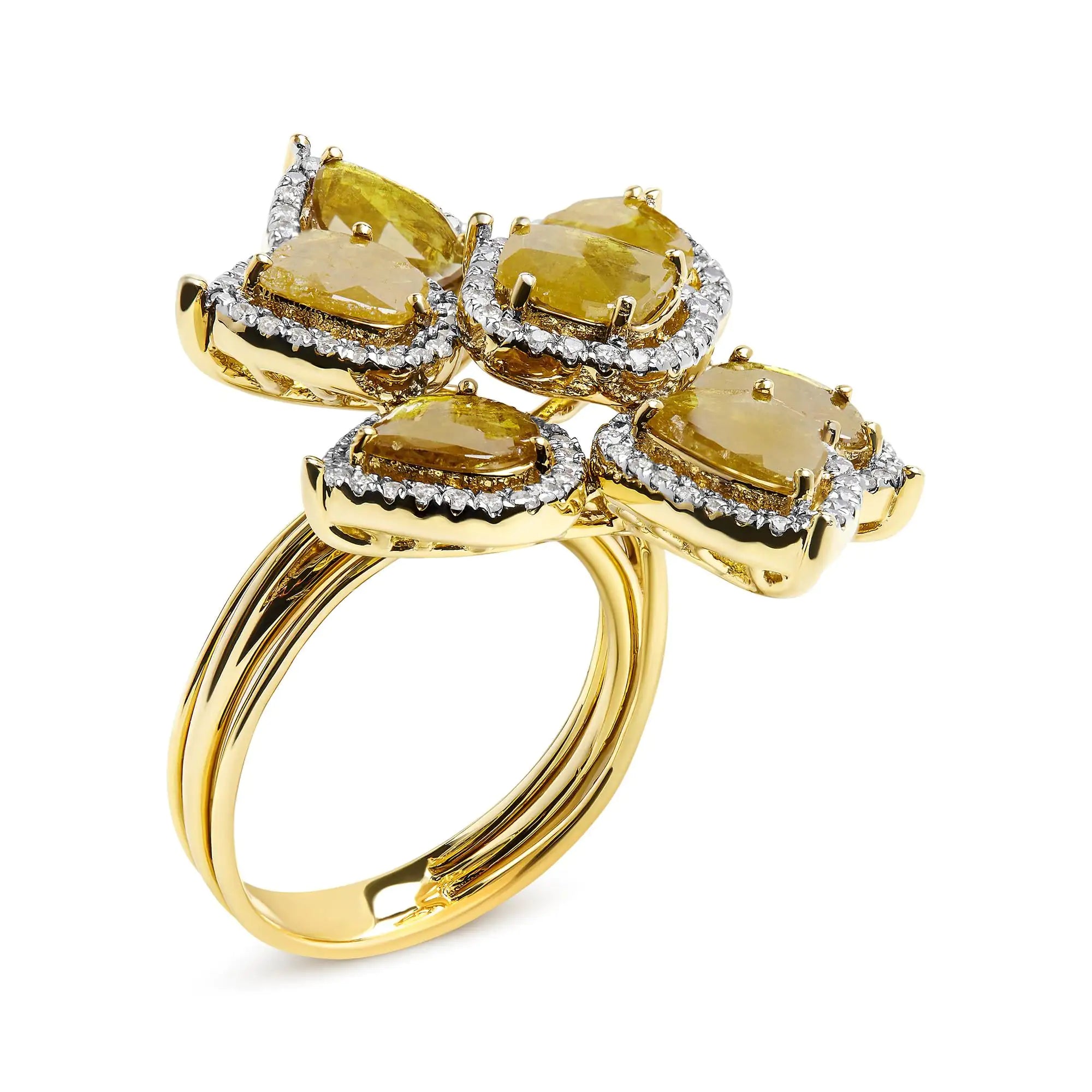 14K Yellow Gold 8 1/10 Cttw Yellow Rose Cut Diamond Floral Petal Cocktail Ring (Yellow/I-J Color, I1-I2 Clarity) - Size 7