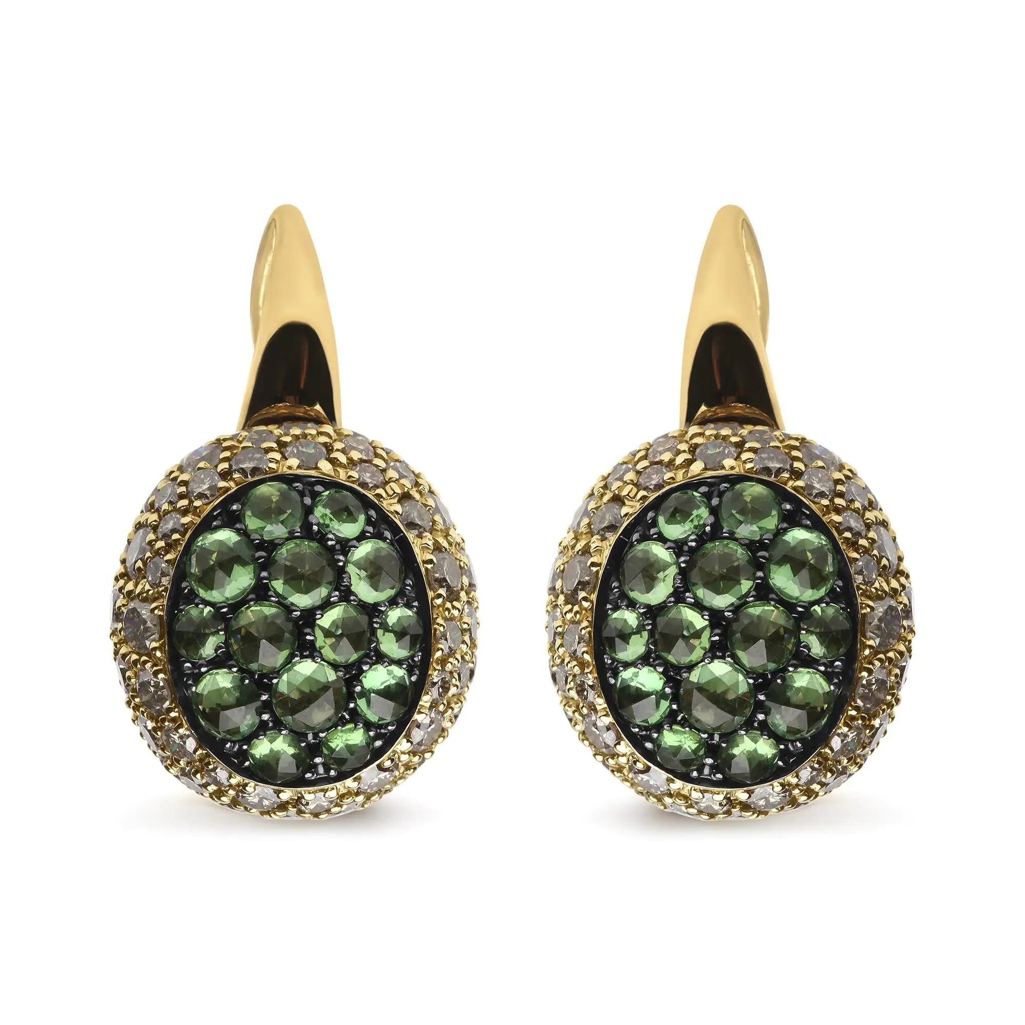 18K Yellow Gold 3 1/2 Cttw Diamond and Round Green Tsavorite Gemstone Round Domed Drop Hoop Earrings (Brown Color, SI1-SI2 Clarity)