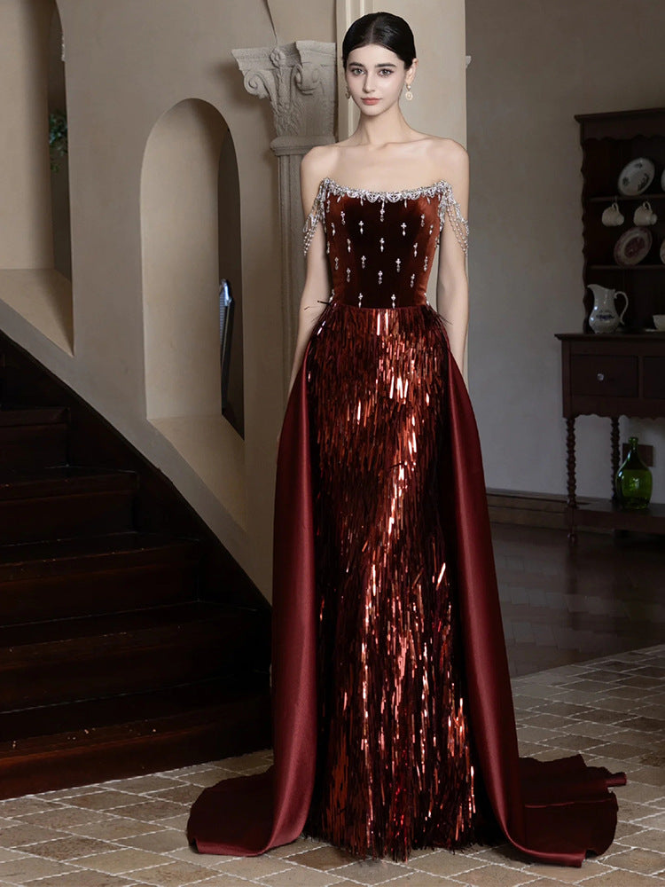 French Evening Dress For Toasting Wine Red New