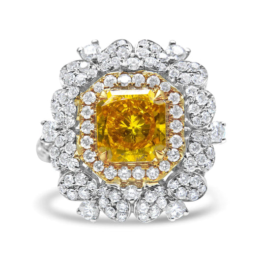 18k Yellow and White Gold 2 3/4 Cttw Lab Grown Yellow Radiant Cut Diamond Halo Cluster Ring  (Yellow/G-H Color, VS1-VS2 Clarity)