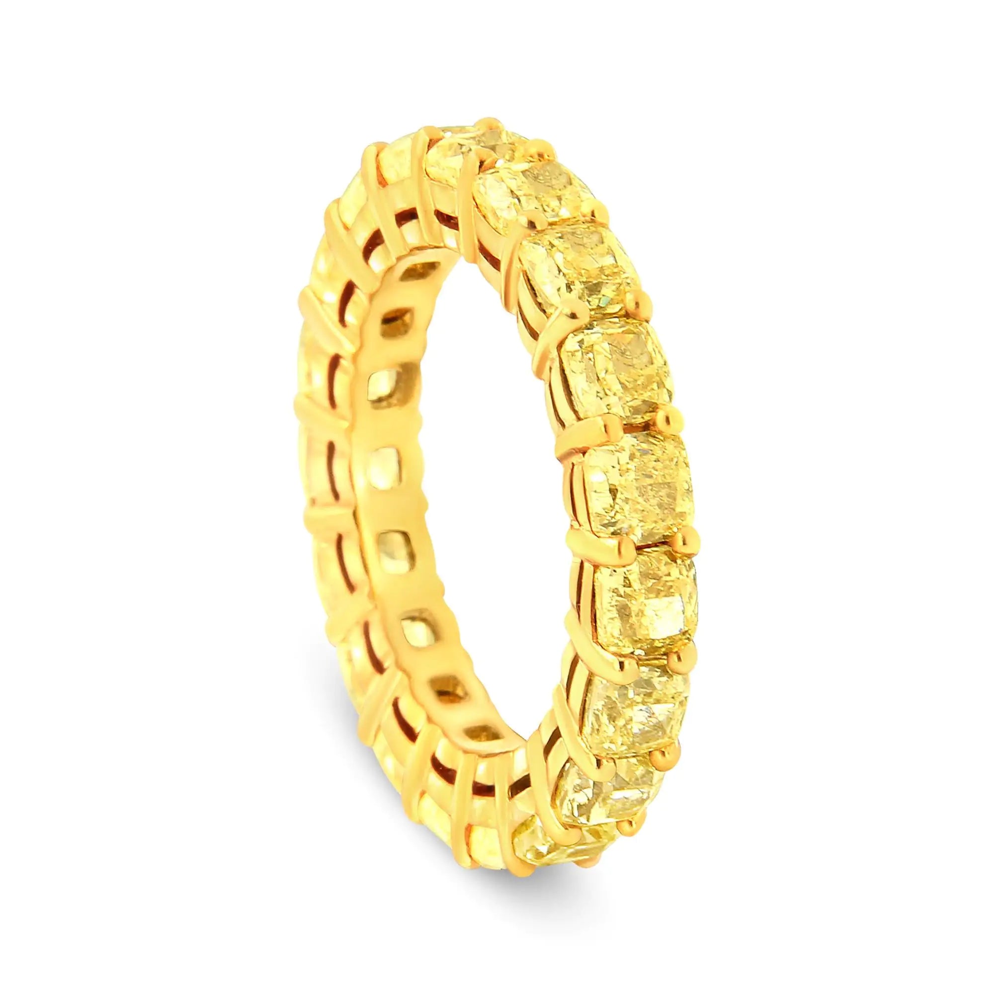 IGI Certified 18K Yellow Gold 5.0 Cttw Shared Prong Set Natural Fancy Yellow Cushion Diamond Eternity Band Ring (Yellow Color, VVS2-VS1 Clarity)