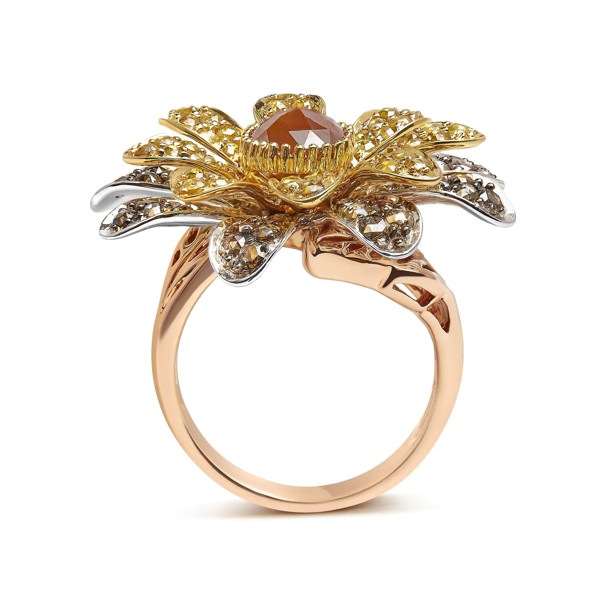 14K Tri-Toned 3 7/8 Cttw Rose Cut Diamond Cocktail Double Flower and Petal Cocktail Ring (Fancy Color, I1-I2 Clarity) - Size 7