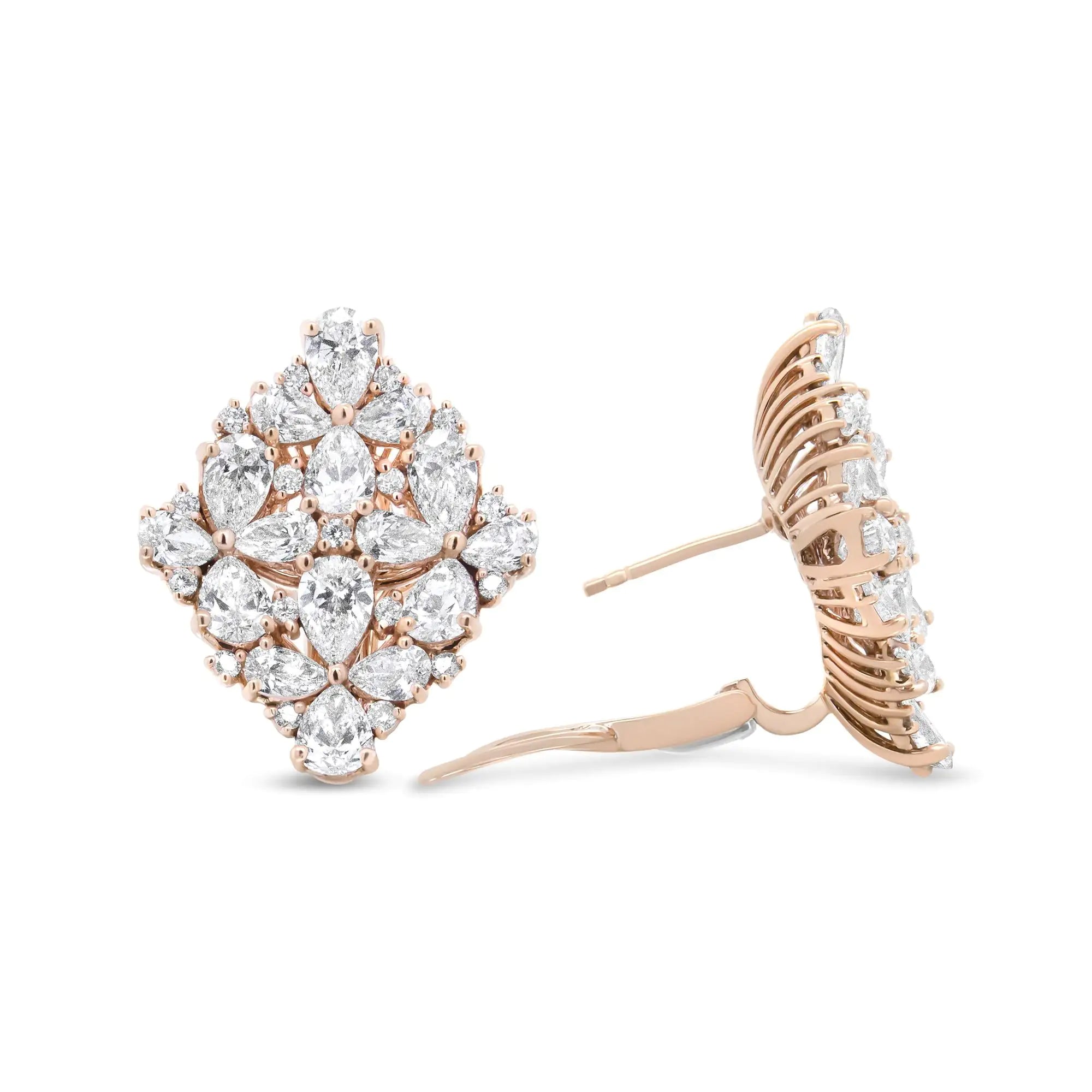 18K Rose Gold 8 1/3 Cttw Pear and Round Diamond Floral Cluster Omega Earrings (F-G Color, VS1-VS2 Clarity)