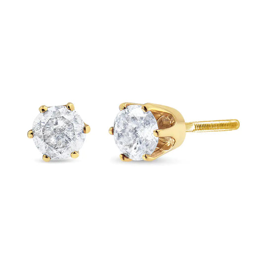 AGS Certified 2.00 Cttw Round Brilliant-Cut Diamond 14K Yellow Gold 6-Prong-Set Solitaire Stud Earrings with Screw Backs (J-K Color, I1-I2 Clarity)