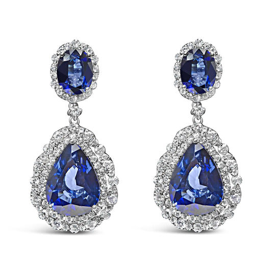 18K White Gold Blue Sapphire 2 3/4 Cttw Diamond Halo Drop Dangle Earring (G-H Color, SI1-SI2 Clarity)