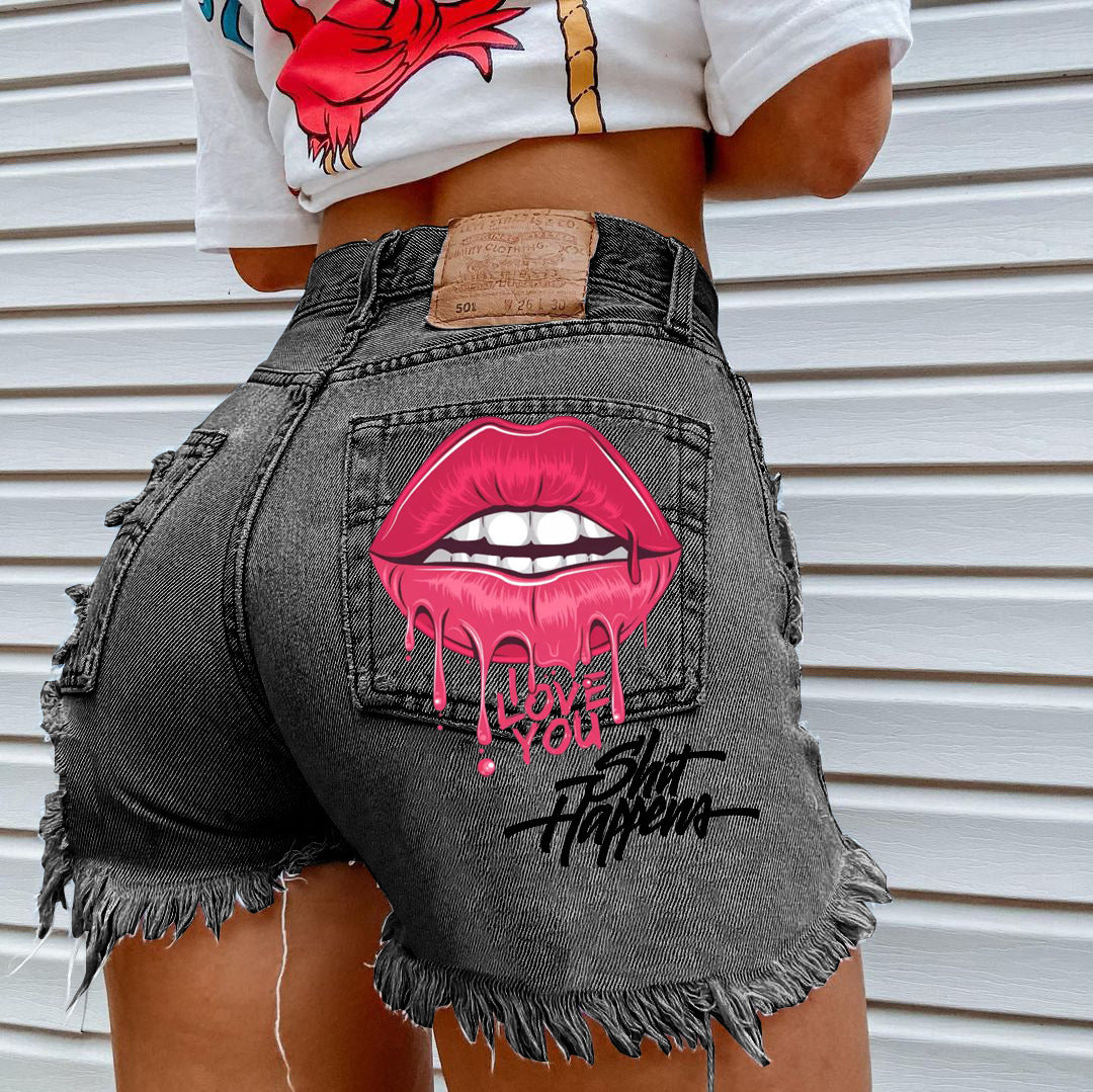 Pink Lip Fashion Ripped Denim Shorts