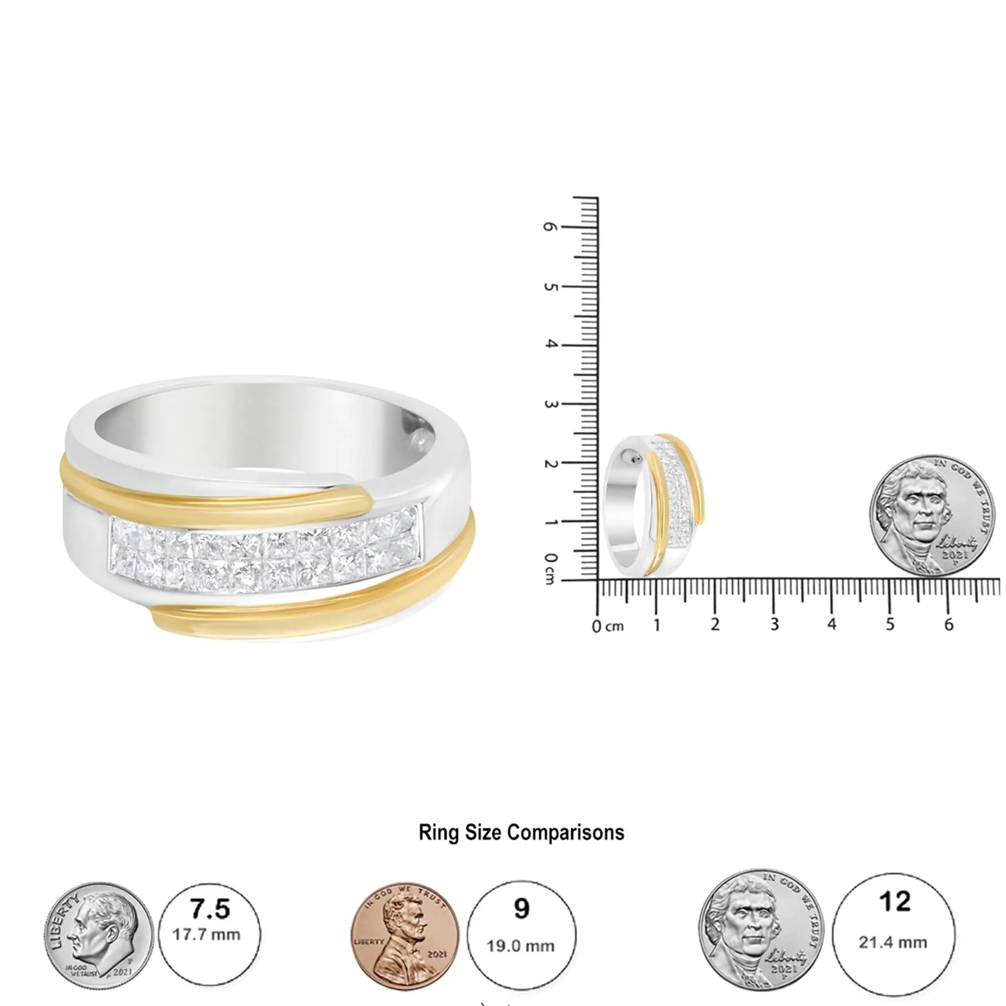 14K Yellow and White Gold 1.00 Cttw Princess-Cut Diamond Modern Gent's Band (H-I Color, SI2-I1 Clarity) - Size 10