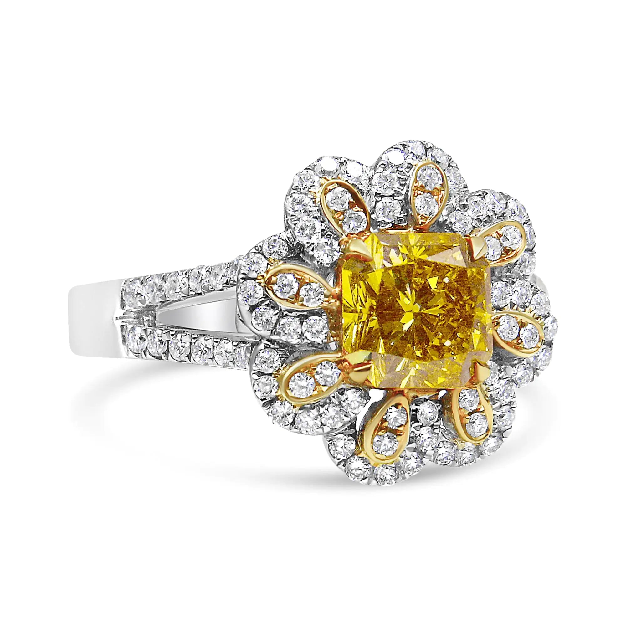 18K White and Yellow Gold 2.17 Cttw Yellow Radiant Lab Grown Center Diamond Flower Ring (Yellow/G-H Color, VS1-VS2 Clarity)