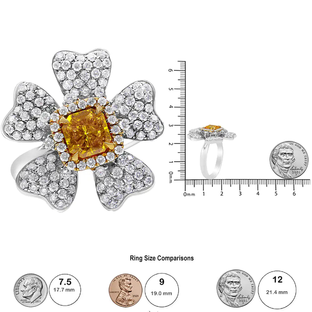 18K White and Yellow Gold 2.25 Cttw Yellow Radiant Lab Grown Center Diamond Flower and Leaf Cluster Ring (Yellow/G-H Color, VS1-VS2 Clarity)