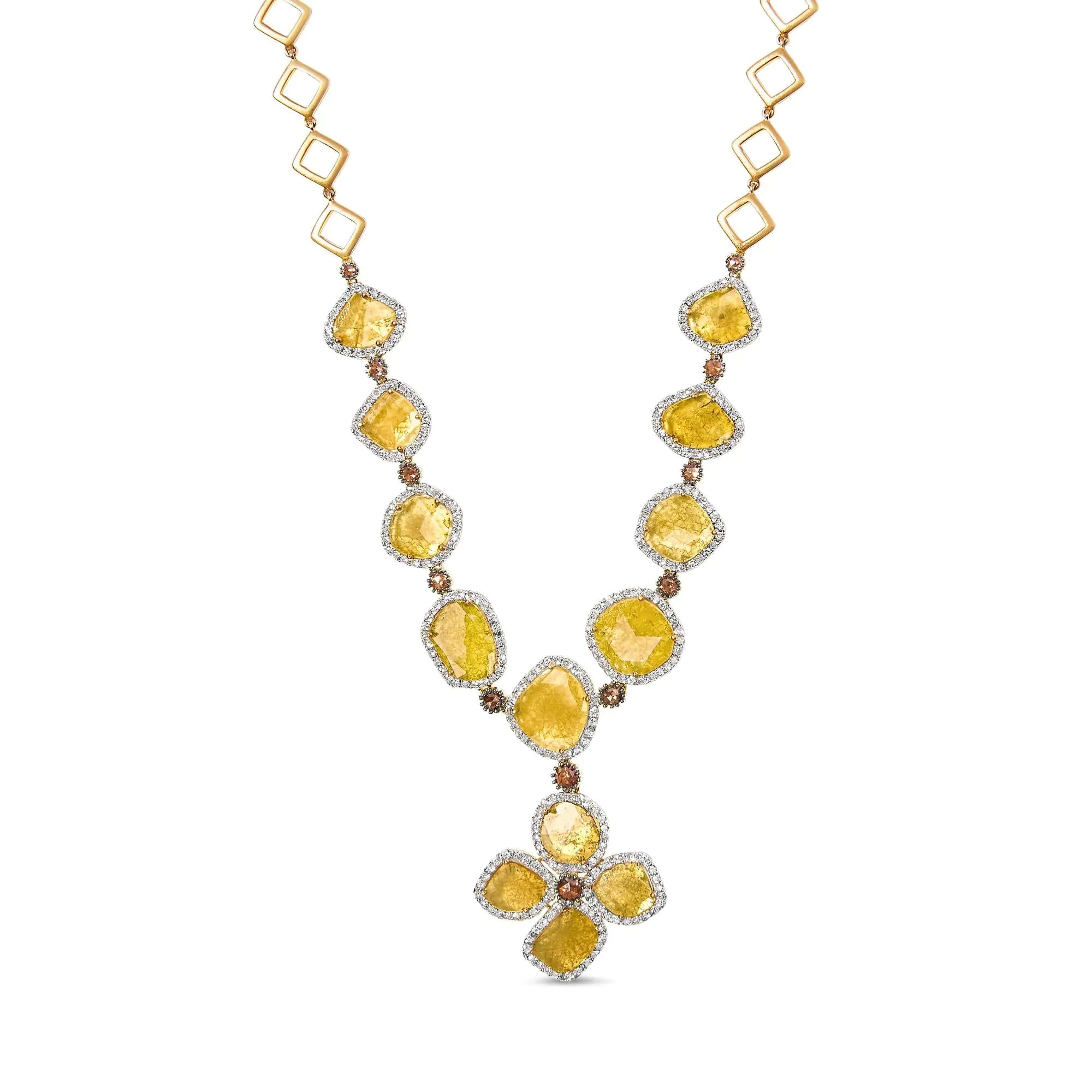 14K Yellow Gold 16 7/8 Cttw Fancy Yellow Rose Cut Diamond 16" Collar Necklace with 4 Leaf Clover Drop (Fancy Yellow/I-J Color, I1-I2 Clarity)